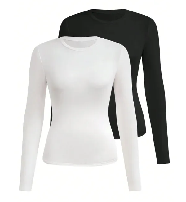 T-Shirts Femme Unicolores – Lot de 2, Manches Longues, Taille S