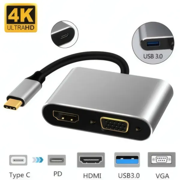 Hub USB-C 4 en 1 avec HDMI 4K et VGA