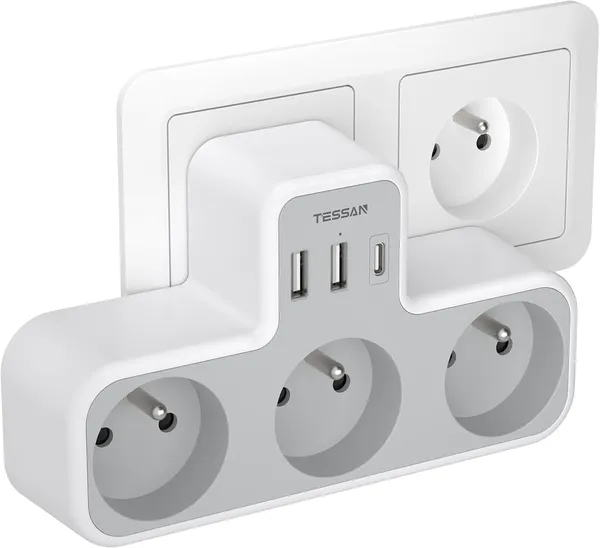 TESSAN - Multiprise Murale 6 en 1 – 3 Prises + 3 Ports USB - 4000W