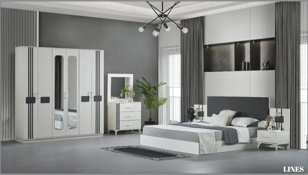 Chambre à Coucher 6 battants 4 pièces Blanc Gris Lines