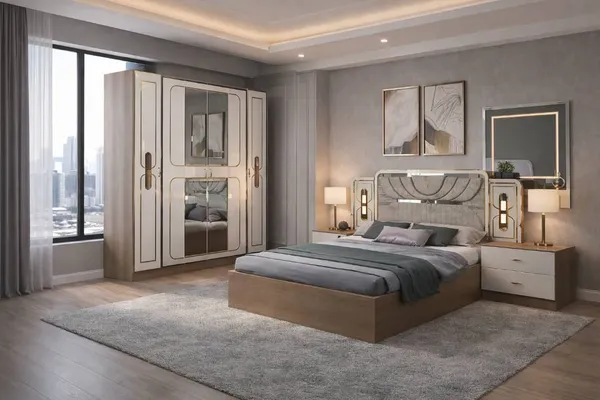 Chambre à Coucher 6 battants 5 pièces Blanc Beige MC619