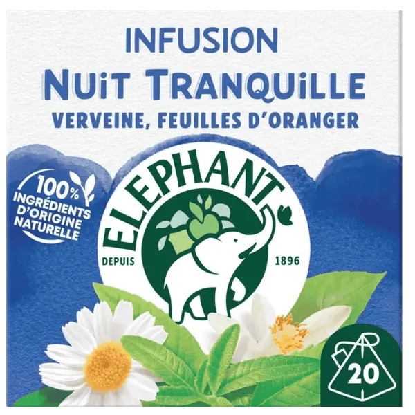 ELEPHANT-Nuit tranquille Verveine,feuilles d'oranger,camomille,tilleul et huile essentielle de fleur d'oranger 20 sachets