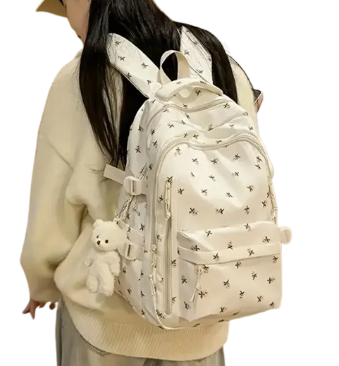 Sac à Dos École Nylon – Multiples Compartiments Blanc Cassé
