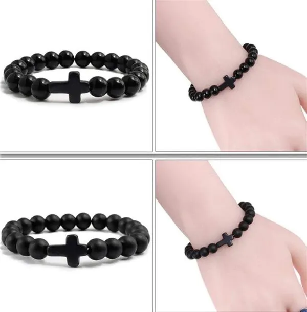 Bracelet Pierre Naturelle Croix Lave Noire Mat Perles - Noir