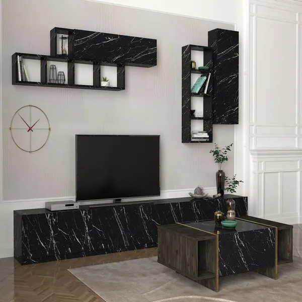 Table Téléviseur Ens EG3 TV Unit Marble 2.80M 5 Carton Noir T701 + B805