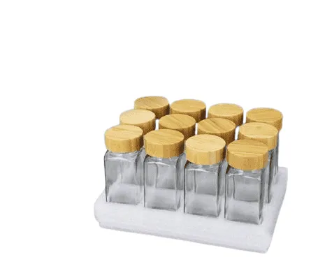 Lot de 12 pots à épices de cuisine – Bocaux transparents avec couvercles en bois