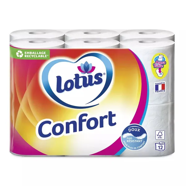 Lotus Confort papier toilette aquatube doux et résistant x12 rouleaux