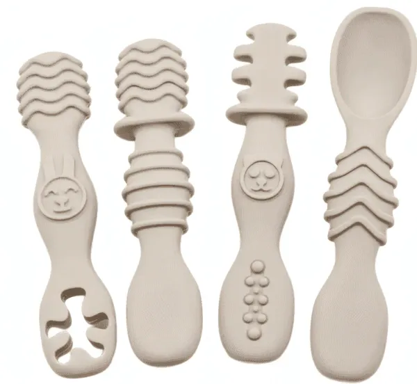 Ensemble de cuillère et fourchette en silicone alimentaire,4 pièces beige