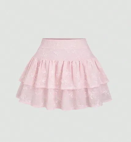 Sweetra Jupe mini évasée à volants à double couche en jacquard rose doux de style français, printemps/été Taille S